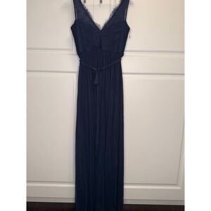 Hitherto Navy Blue Lace Trim Tulle Maxi Dress Size 4 Bridesmaid Formal Gown